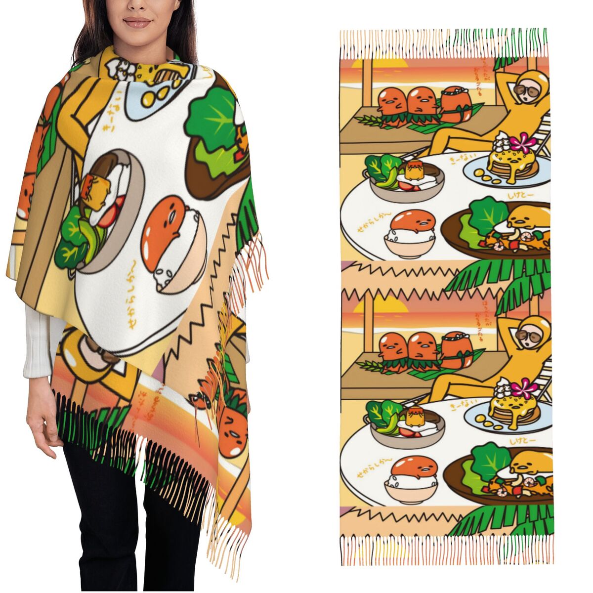 Pashmina Wrap Large - Women's Scarf with Tassel Gudetama Cute